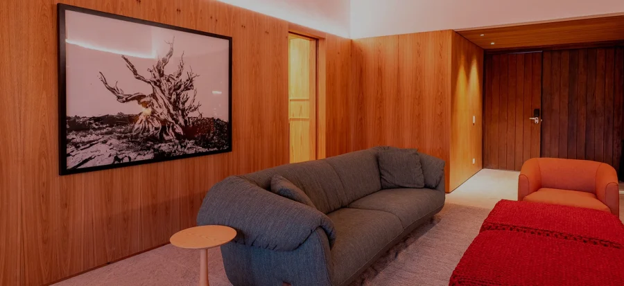 sala com sofá cinza e quadro em parede de madeira