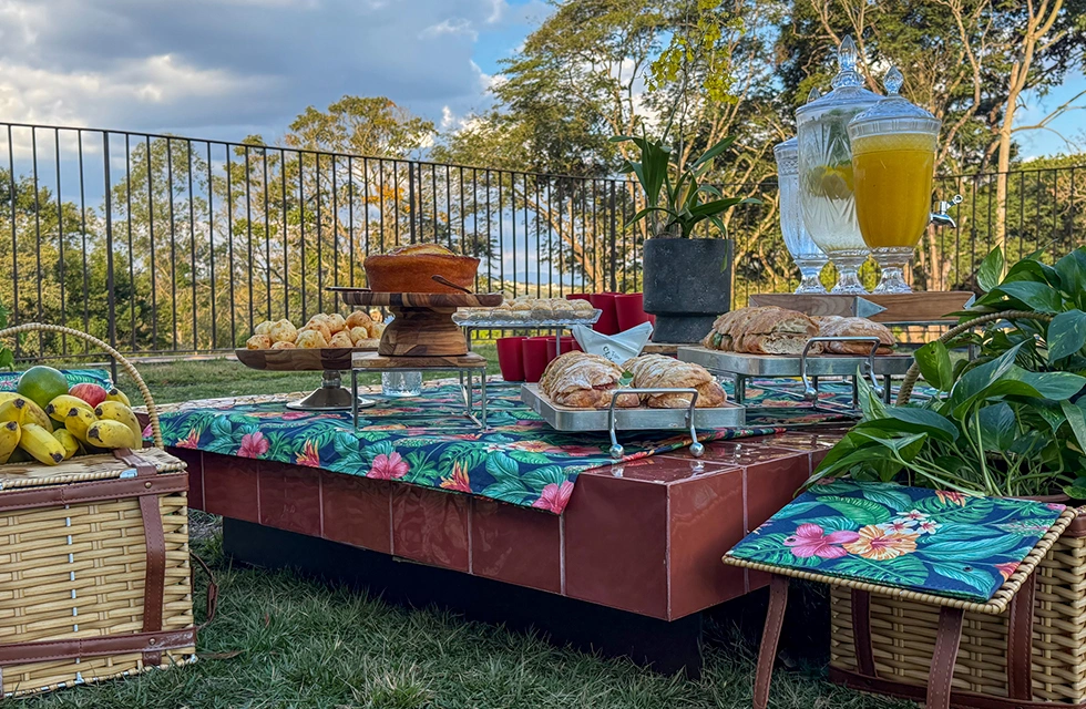 mesa de picnic com bolo, pães e frutas
